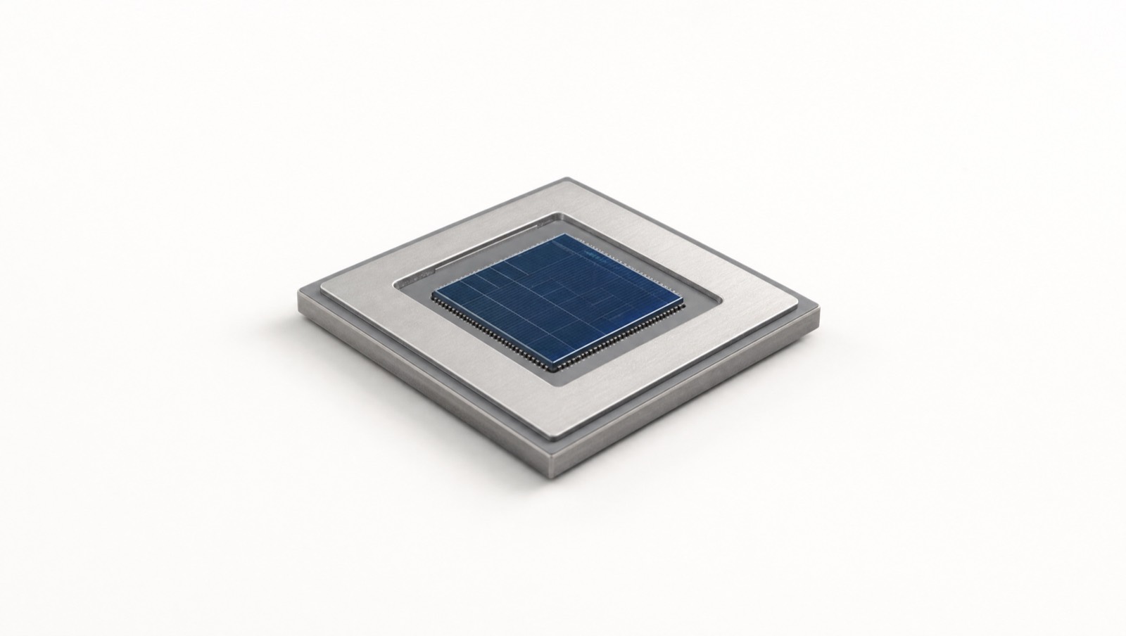 A neuromorphic processor package on a plain white surface