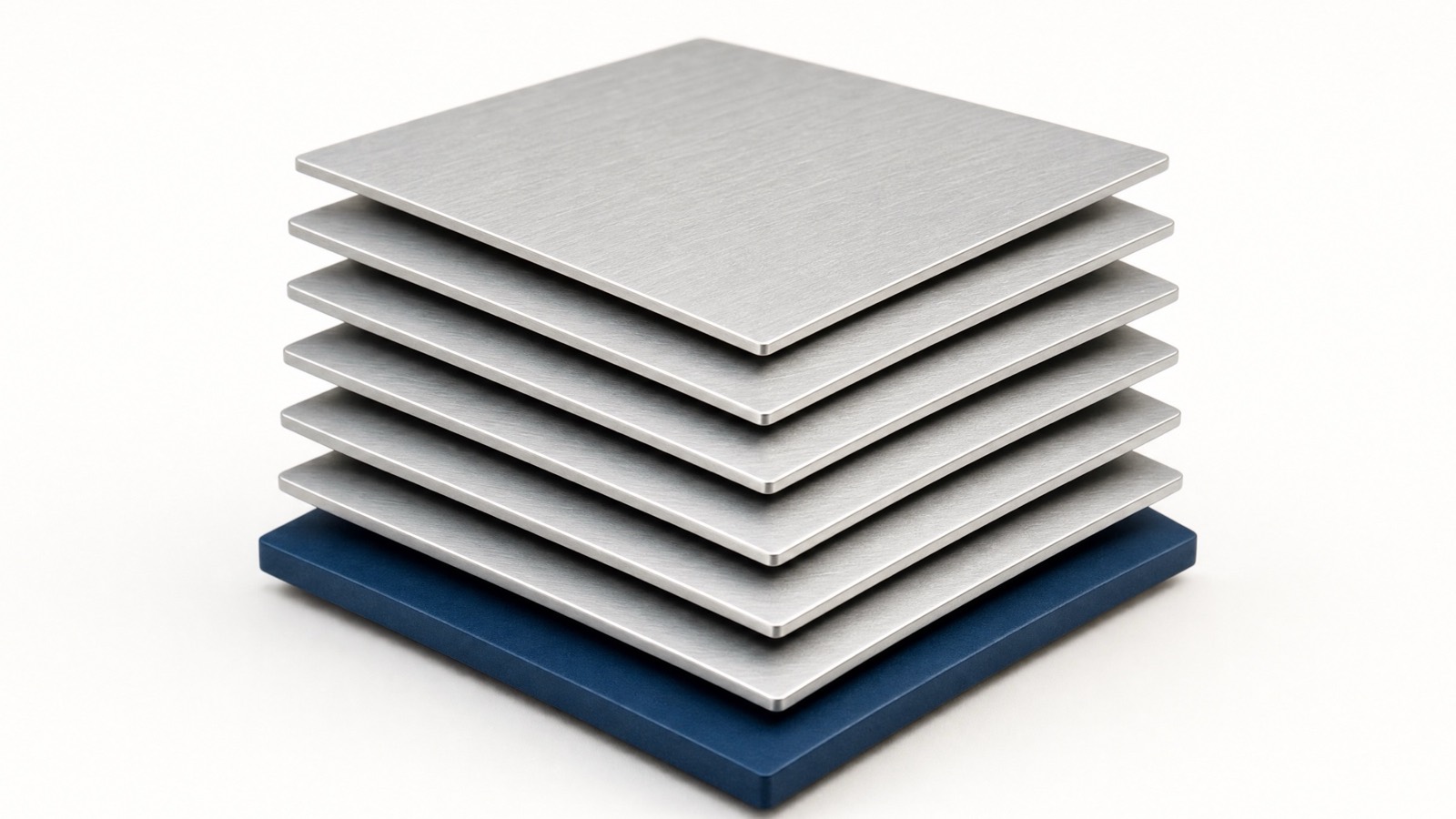 Machined plates stacked in depth, the deepest layer picked out in blue